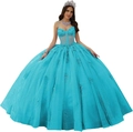 Aqua blauwe baljurk met bloemenkant lijfje en sprankelende glitter tule rok - Meerblauw / 3XL