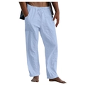 Men's light blue casual linen trousers with drawstring waist and side pockets - L / Light Blue