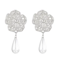 Elegant silver flower earrings with teardrop white pearls in vintage luxury style - White K (N-401)