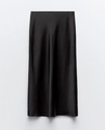Elegant black high-waisted satin midi skirt with minimalist silk texture and sleek fit - XS / Black