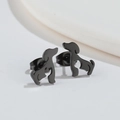 Close-up of minimalist black matte stainless steel dog silhouette stud earrings on white background - Black