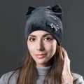 Dark grey velvet beanie for women with cute cat ears and sparkling rhinestone bow detail - Gray