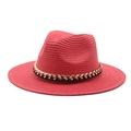 Detail of red wide brim straw panama hat featuring gold and black chain band ornament - Adjustable / Red