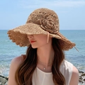 Khaki hand-woven straw sun hat with large floral accent and wide wavy brim for beach vacations - One Size / Ribbon with One Flower - Khaki