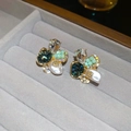 Boucles d'oreilles florales exquises en vert émeraude et doré avec perles - 55# Tige en Argent-Or-Vert