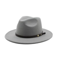 Close-up of grey wool fedora hat with brown leather belt strap and gold rivets - M (56-58cm) / Gray