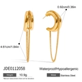 Detail view of gold stainless steel C-shape earrings with double chain tassel and dimensions - C-shape Double Chain Tassel / Gold/JDE0112058
