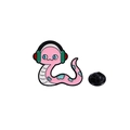 Pink cartoon snake enamel brooch with blue spots and headphones for 2025 Year of the Snake - Pink Snake with Headphones