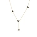 Detailed view of gold Y-shaped necklace with four lucky black shell butterfly charms - Gold Black Shell Necklace