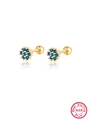 925 Sterling Silver flower stud earrings with dark blue cubic zirconia and screw back - Gold Blue Zirconia