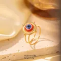Gold plated evil eye open ring with colorful enamel and natural stone floral details - Adjustable Open / Gold Double Band Concentric Enamel Evil Eye (JOM25035)