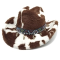 Faux fur cow print cowboy hat with bohemian woven band and metal leaf pendants - M (56-58cm) / Straight Crown Coffee
