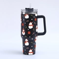 Detail of 40oz black tumbler with Christmas snowman pattern, handle, and straw lid - Black with Snowman and Candy Canes