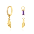 S925 silver feather earrings with square purple zircon pendant in gold finish - Gold