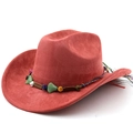 Detail of rust red suede cowboy hat featuring a colorful stone band and ethnic woven rope - Brick Red