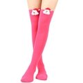 Close-up of over-the-knee striped socks with a 3D Santa Claus plush at the cuffs - One Size / Rose Red