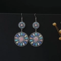 Bohemian double floral hoop earrings with colorful enamel finish and silver hooks - Silver + Multicolor Painted rounds (E7982)