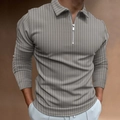 Detail of grey long sleeve polo shirt with zipper neck and vertical ribbed texture - S / Tops / Gray