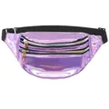 Holographic laser fanny pack in purple with adjustable black strap and triple zip pockets - Purple