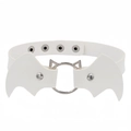 White PU leather choker with silver O-ring and bat wing details on a white background - White