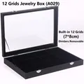 Detail of 12-slot black jewelry box showing removable dividers and 7x8cm compartments - Black Leather Black Velvet 12 Slots Jewelry Box (A029)