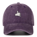Close-up of vintage purple washed baseball cap with embroidered hand gesture patch - Purple
