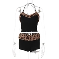 Detail of black camisole and shorts set with brown leopard faux fur trim on neckline - S / Black
