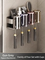 Wall-mounted gunmetal grey toothbrush holder with four colorful transparent cups - Gun Grey Toothbrush Holder + 4 Colored Wash Cups