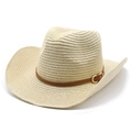 Cowboyhut aus Stroh mit braunem Lederband und Gold-Schnalle auf weißem Grund - M / Beige
