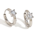 Elegant silver-toned square zircon hoop earrings in minimalist stainless steel design - Square Zirconia Ear Buckle / Silver