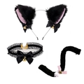 Detail of black faux fur cat ears headband with lace choker and plush bell tail set - Black Faux Fur Pink Inner Cat Ears + Choker + Tail