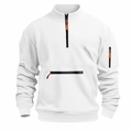 Detail of men's white fleece sweatshirt featuring half-zip stand collar and tactical sleeve pocket - S / Tops / White
