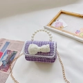 Purple tweed mini crossbody bag featuring a pearl bow and elegant lace trim - Bow Purple