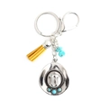 Silver cowboy hat keychain with yellow tassel and turquoise beads on white background - Yellow