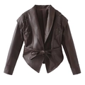 Detail of dark brown faux leather jacket featuring waist tie-up and lace-up shoulder design - S / Coffee