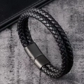 Retro schwarzes geflochtenes Lederarmband für Herren mit mattem Magnetverschluss - Doppellagig Geflochten / Schwarz