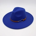Detail of royal blue felt fedora hat featuring a brown leather belt with golden buckle - Royal Blue (Heart Buckle)