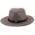 Brownish-grey fedora straw hat with leather band and metallic bull head emblem - M (56-58cm) / Dusty Rose