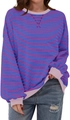 Felpa casual da donna a righe blu e viola con bordi a costine rosa a contrasto - Viola blu