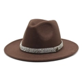 Detail of dark brown fedora with silver rhinestone band and metal letter M badge - M (56-58cm) / Brown