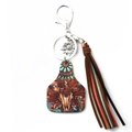 Western bull skull keychain with bohemian leather tassels and sunflower charm - 9 Floral Cow Skull