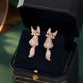 Exquisite pink fox stud earrings with gold plating and cubic zirconia in a jewelry box - Pink