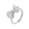 Close-up of silver bow ring with zircon stones and adjustable open band design - Bowknot Zirconia Ring (VJ624 Platinum)