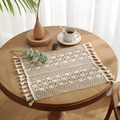 Beige crochet cotton placemat with hollow floral pattern and fringe on wooden table - Phoenix Tail Style (CD-Phoenix) / 32*40CM