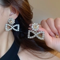 Elegante strik oorbellen met fonkelende strassteentjes en bloemknopje in zilveren finish - Strik Strass Hanger Stijl (97#) / Zilver