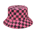 Detailed close-up of pink and black checkerboard bucket hat with smiling face patterns - M (56-58cm) / Rose Red