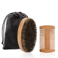 Men's beard grooming kit featuring wild boar bristle brush and wooden comb with black pouch - Grooming Set with Velvet Bag