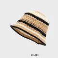 Chapeau bob en maille à rayures kaki, noires et beige pour un style d'hiver douillet - M (54-58cm) / Kaki