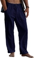 Detailed view of navy blue linen pants featuring elastic drawstring waist and side pockets - S / Bottoms / Blue