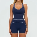 Ensemble de yoga bleu marine deux pièces avec liseré blanc et short taille haute - S / Haut Et Bas / Débardeur + Short / Bleu Marine